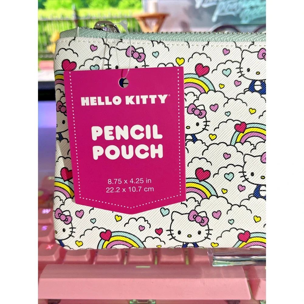 Hello Kitty Pencil Pouch Case Zipper Lined Rainbows Hearts White 2024 Sanrio